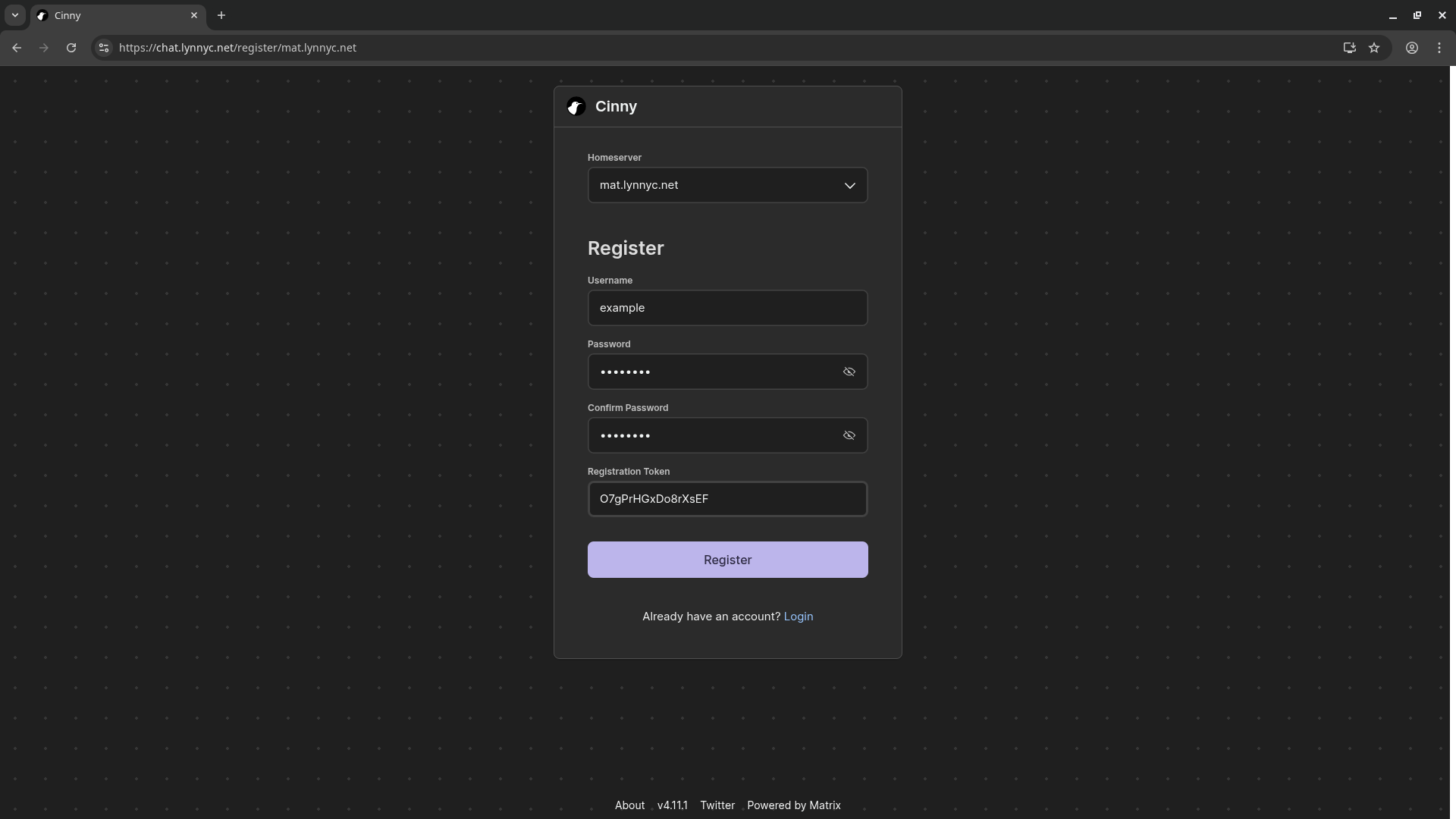 Cinny signup page