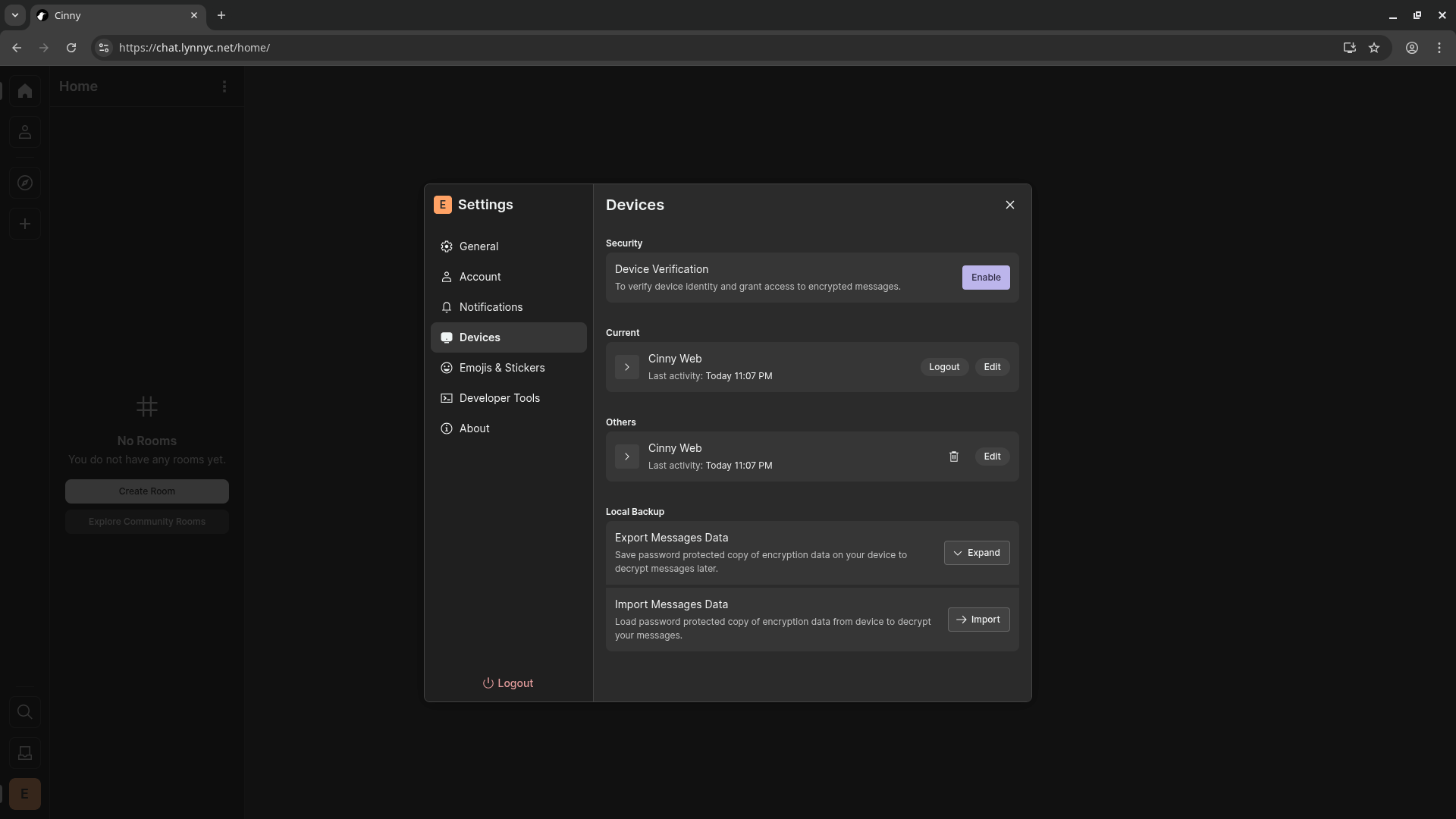 Enable verification in Cinny settings